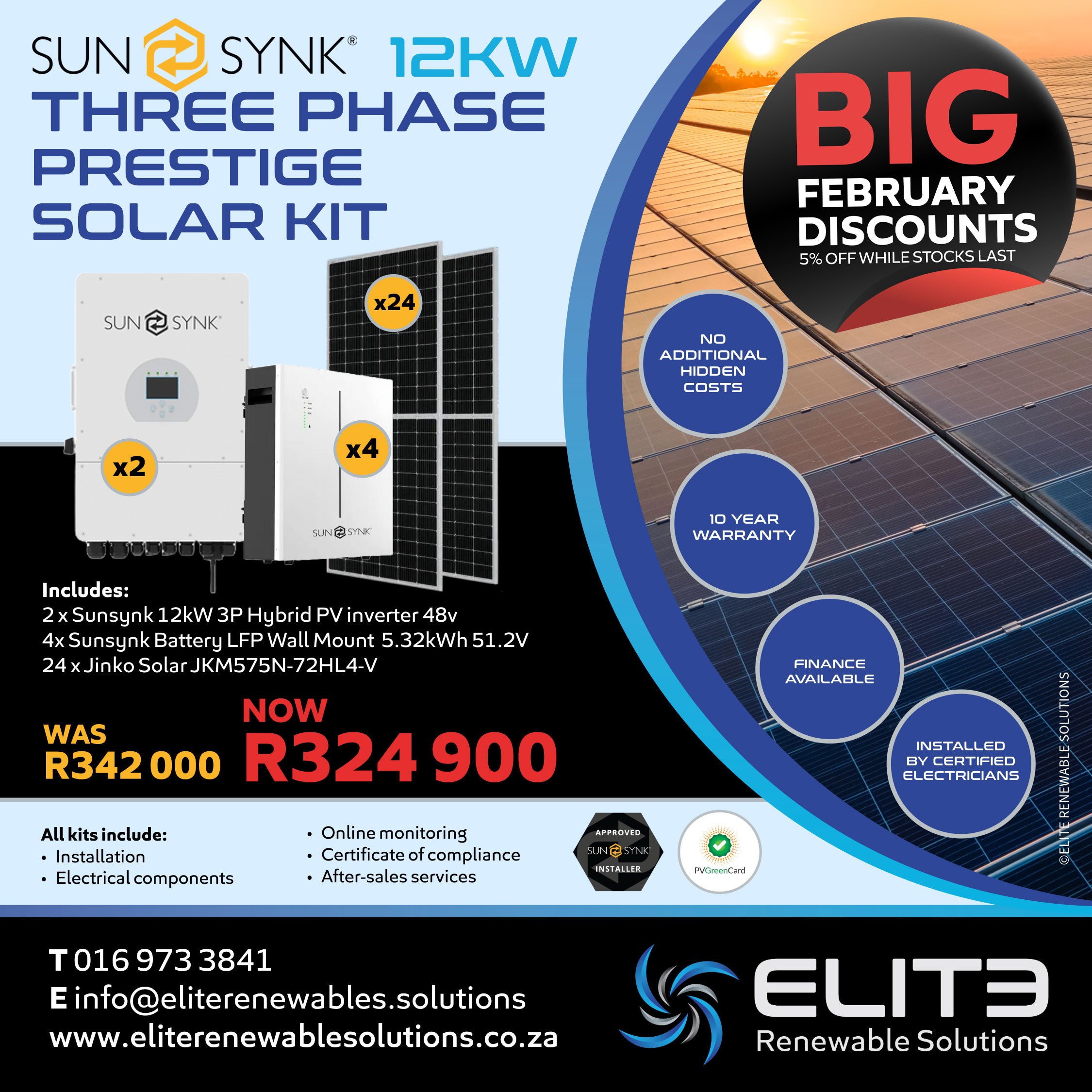 Sunsynk 12Kw Three Phase Prestige Solar Kit - Elite Renewable Solutions